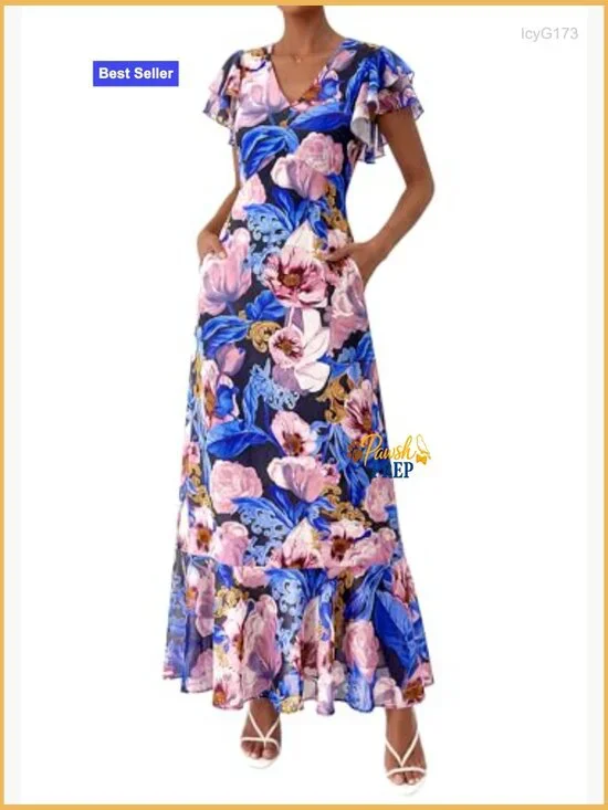 Floral Maxi Dress with V-Neck Ruffle Sleeves Elastic Waist Pockets - Picture 5 of 7